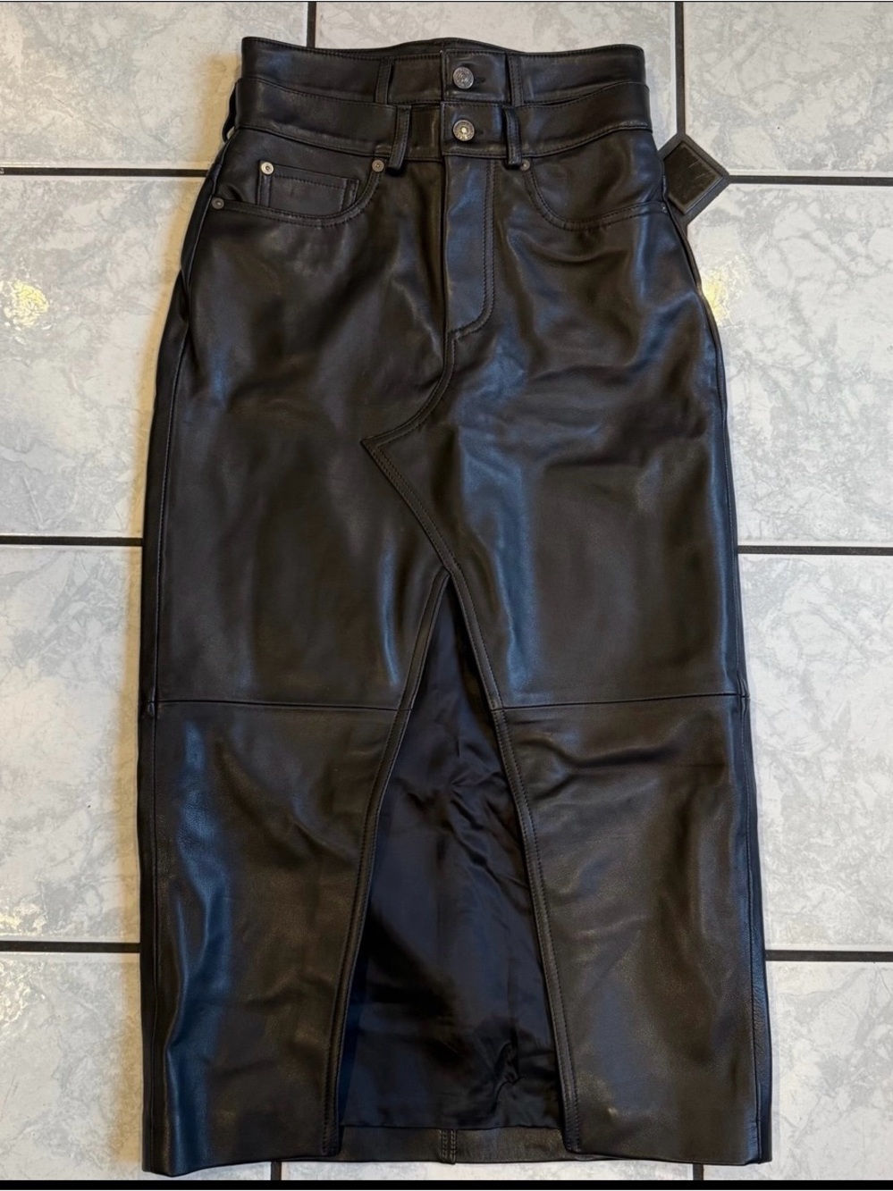 NWOT 7 For All Mankind Black Faux Leather Midi Skirt with Front Slit